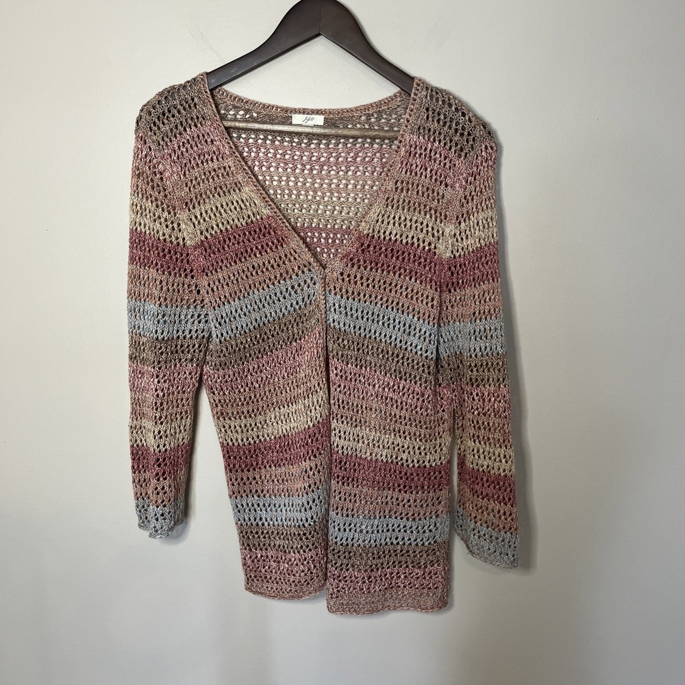 J Jill Rainbow Crochet Cardigan Pink Open Knit Sz Small - Picture 1 of 6